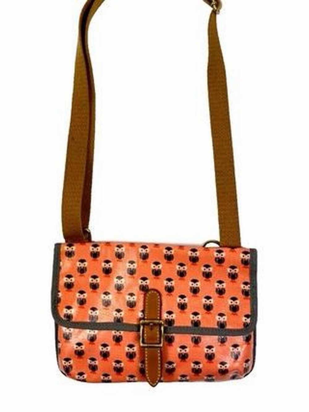 Fossil Orange Owl Print Crossbody with Brown Strap